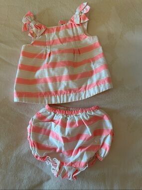 Janie and Jack Coral Pink and White Striped Ruffle Shoulder Two-Piece